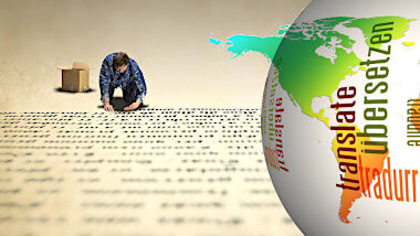Picture of a man writing text on the floor and an earth image with text: translation
