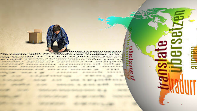 Fotocollage a man writes a text on the floor and from the right an graphical earth with translatio is partly seen
			